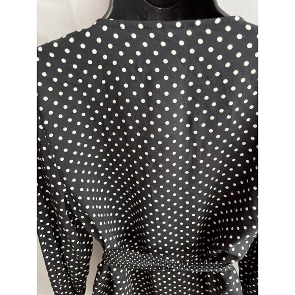 H&M NWT Black Polka Dot Ruffle Wrap Blouse Size 10 Belted Career Office Pinup - Picture 6 of 10